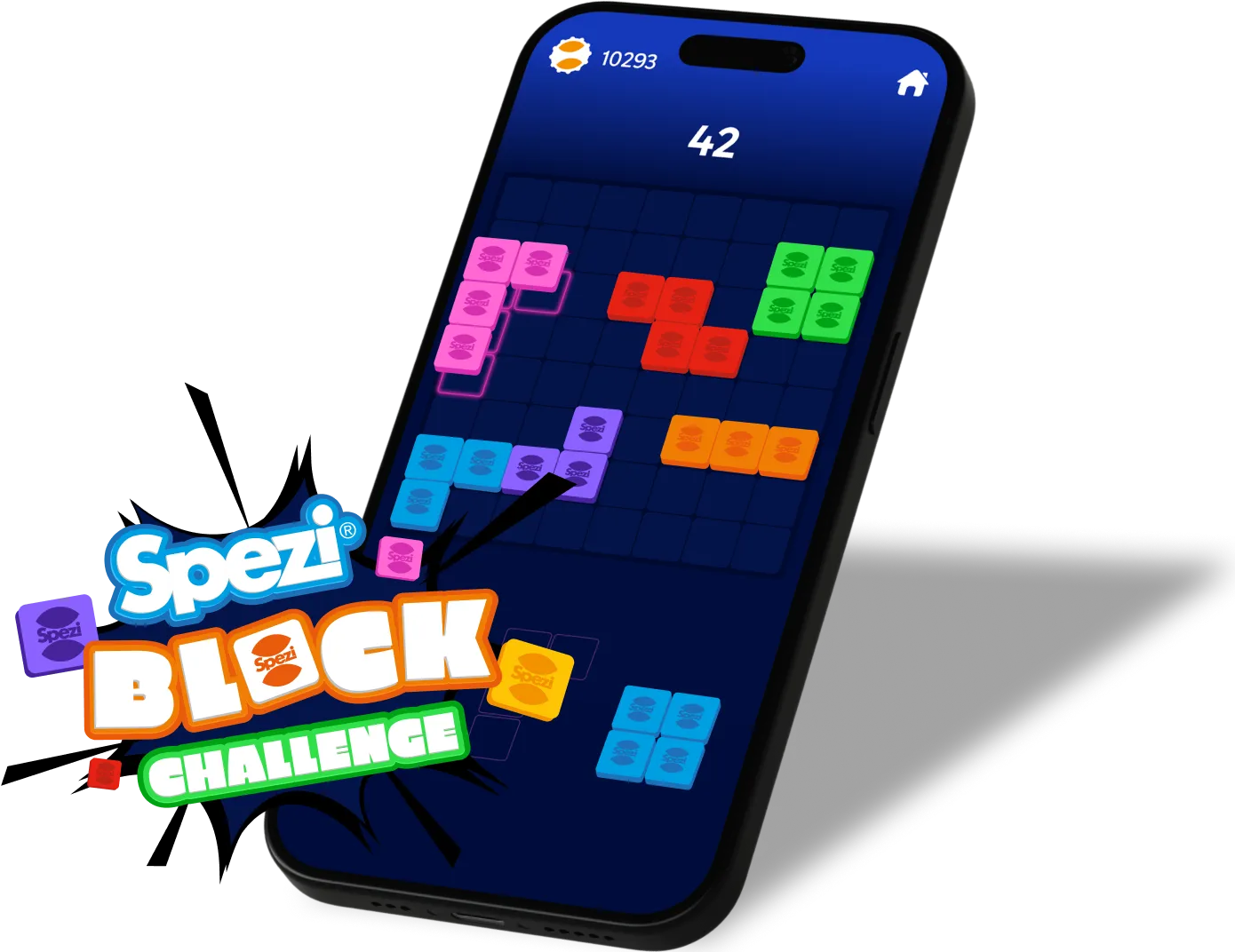 Smartphone mit dem Spiel Spezi Block Challenge auf dem Bildschirm, farbige Blöcke in verschiedenen Formen werden auf einem Raster platziert, Spielstand 42 oben angezeigt, mit Spezi-Logo und Schriftzug ‚Block Challenge‘ im Vordergrund.